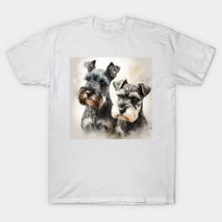 Two Miniature Schnauzers Playing Watercolour Painting T-Shirt